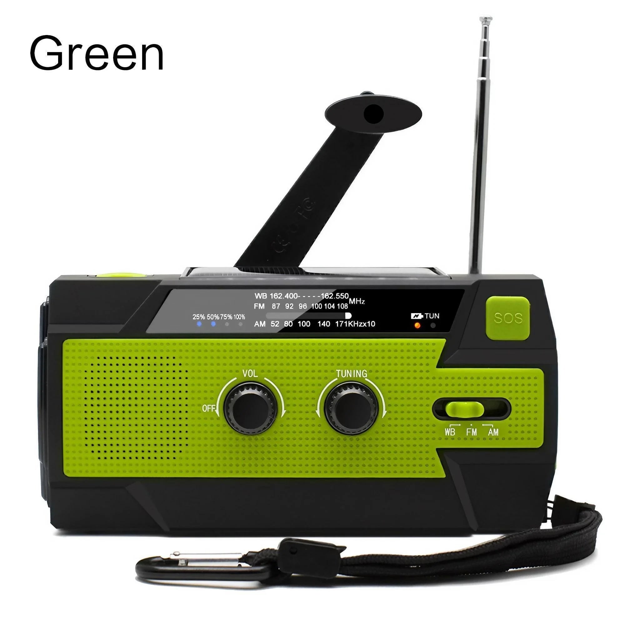 Nomad Pacific Supply emergency solar weather radio and power bank with digital display and built-in flashlight.