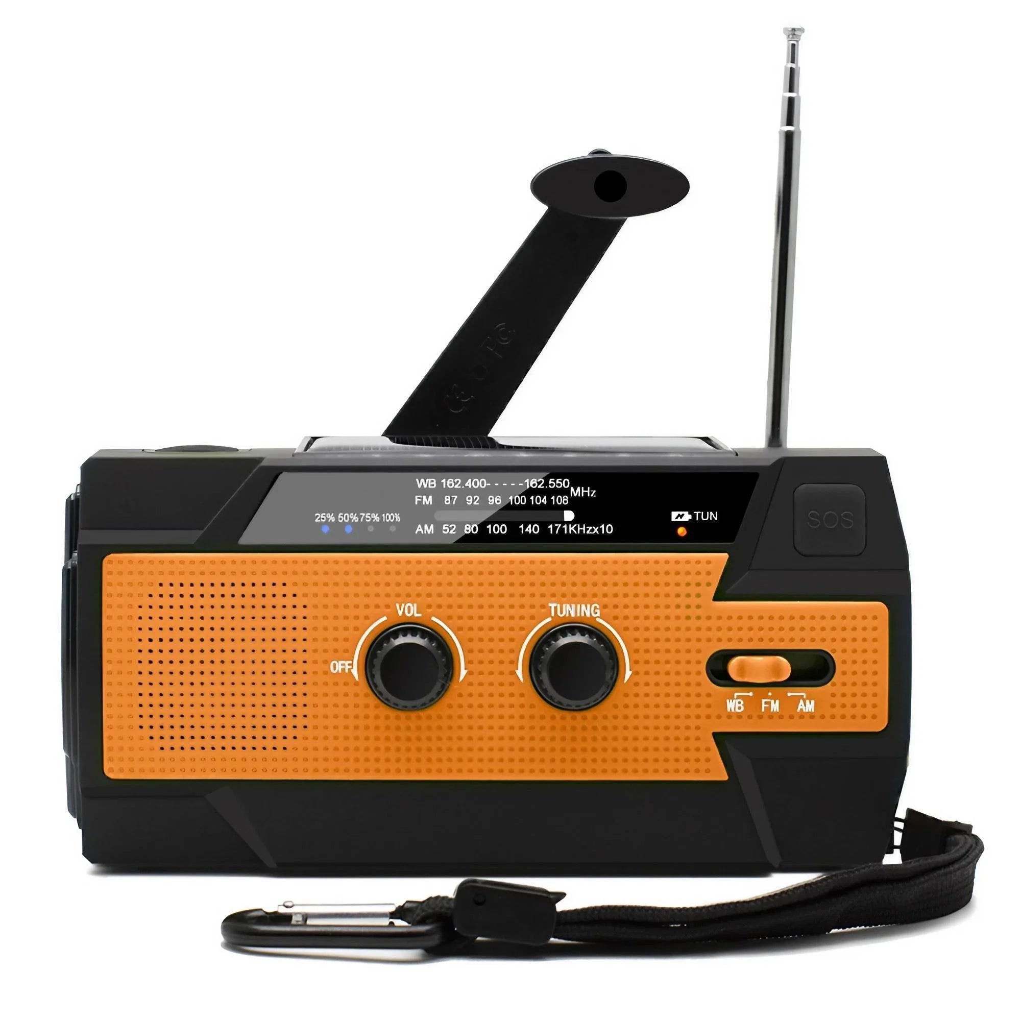 Nomad Pacific Supply multi-functional emergency solar weather radio and power bank with digital display and built-in flashlight.