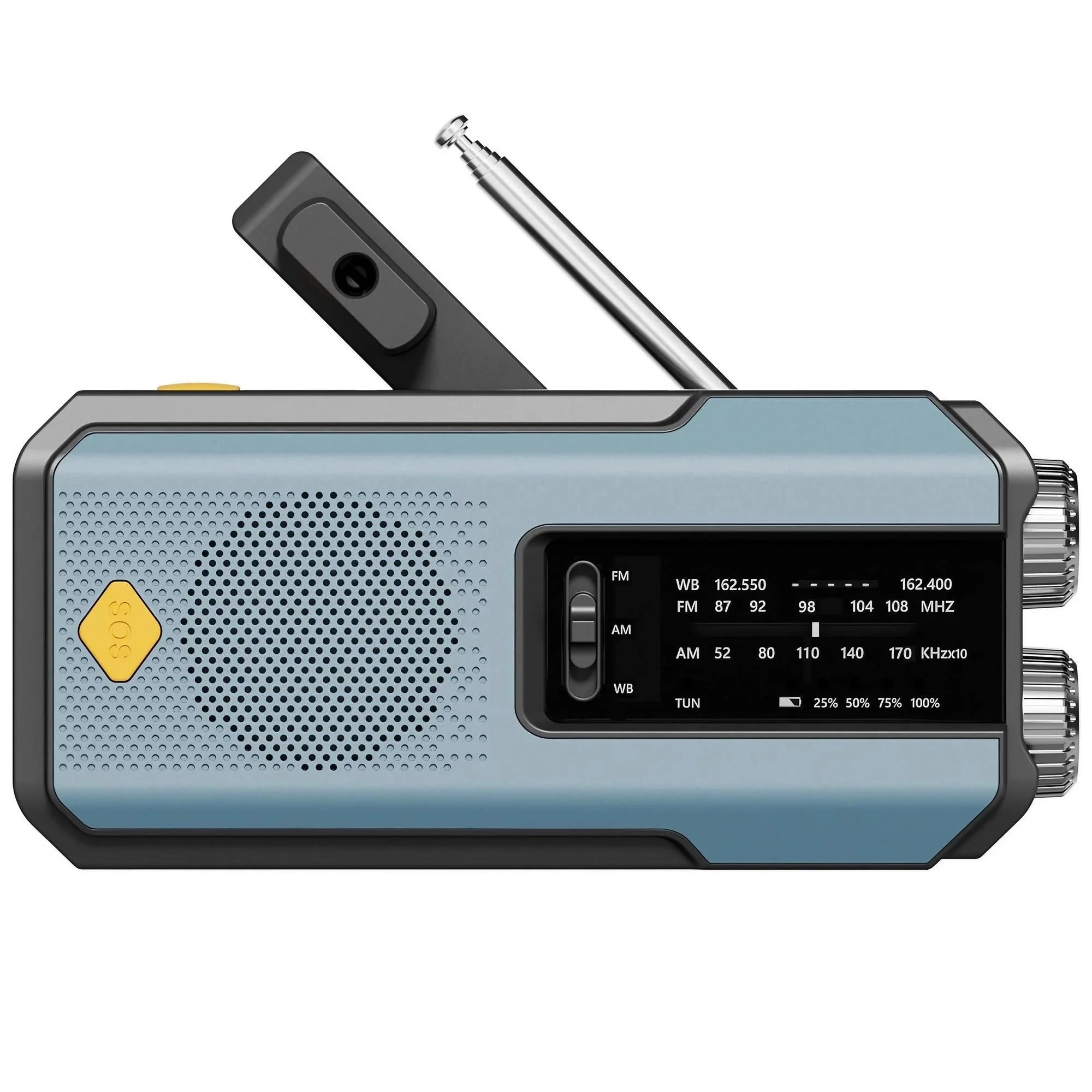Nomad Pacific Supply multi-functional emergency solar weather radio and power bank with digital display and compact design.