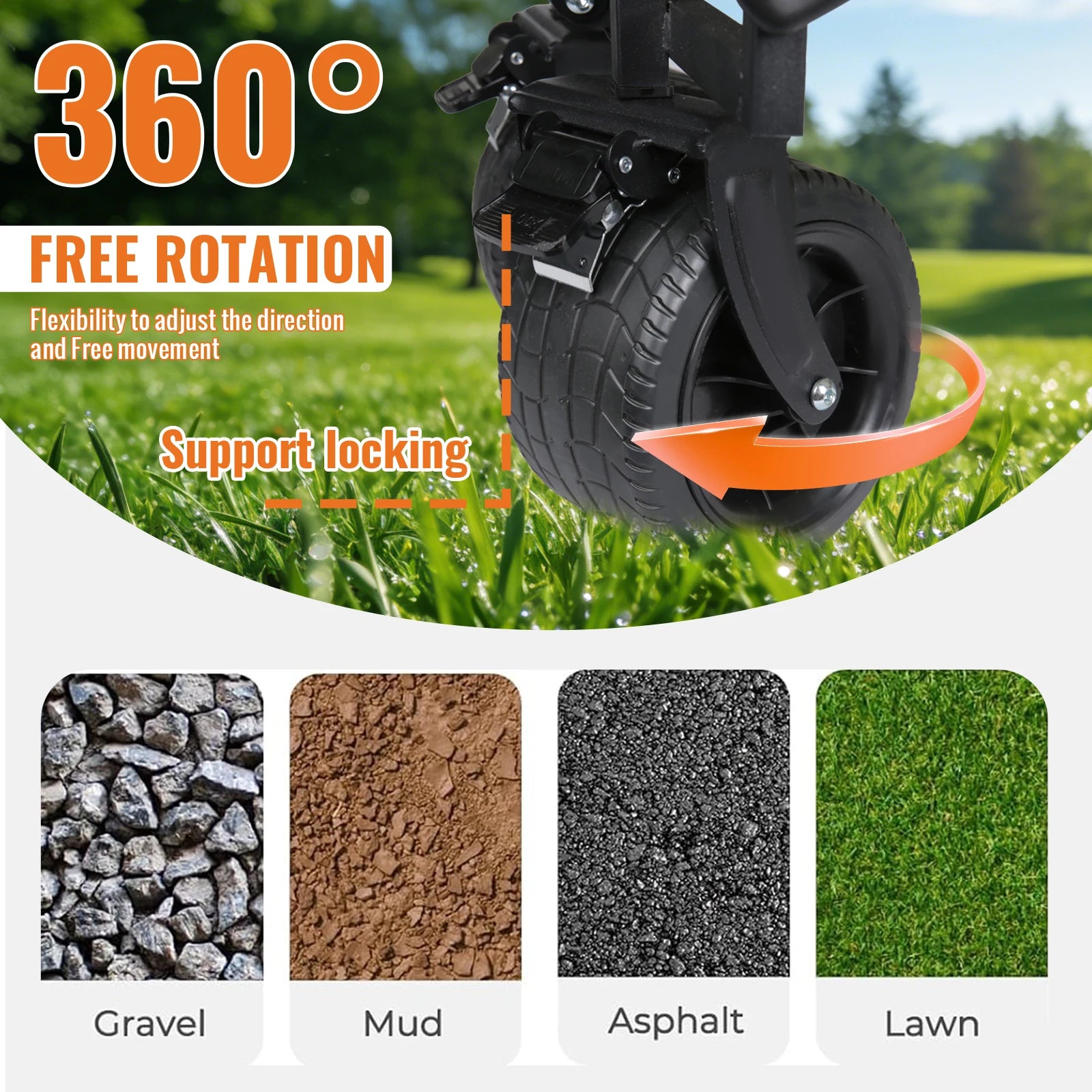 Adjustable foldable camping cart with all-terrain wheels and wide tank-style wheels, ideal for hiking, picnics, and camping trips.