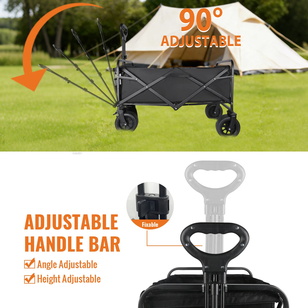 Nomad Pacific Supply adjustable foldable camping cart with all-terrain wheels and wide tank-style wheels for hiking and picnic trips