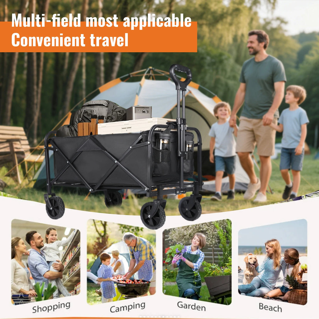 Nomad Pacific Supply foldable camping cart with all-terrain wheels, wide tank-style wheels, and adjustable handle for outdoor trips