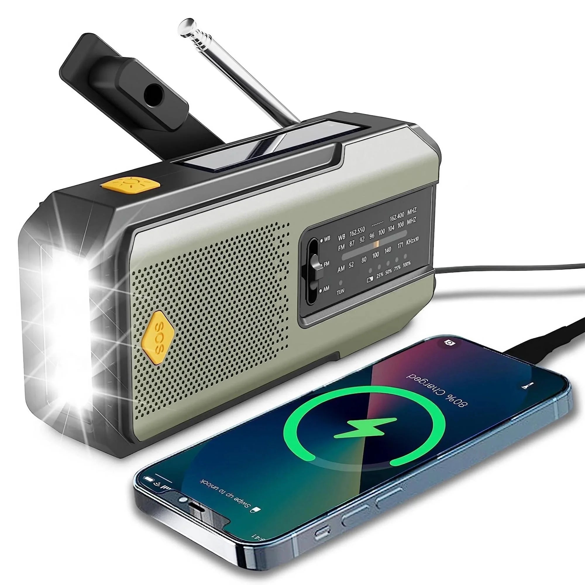 Nomad Pacific Supply multi-functional emergency solar weather radio and power bank with digital display and hand crank for outdoor use.