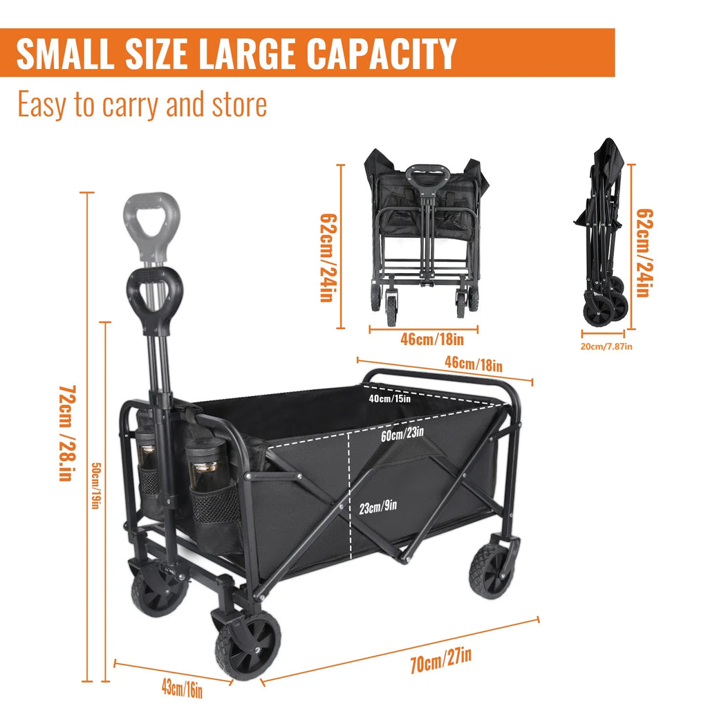 Nomad Pacific Supply adjustable foldable camping cart with all-terrain wheels, widened tank-style for hiking and picnic trips.