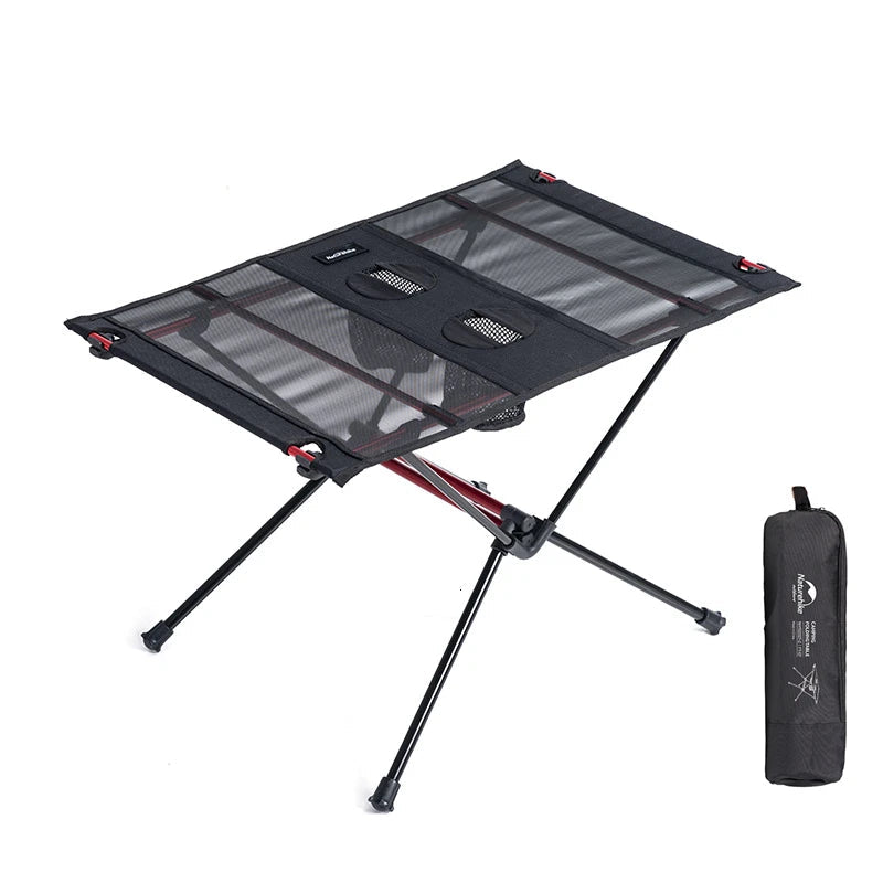 Nomad x Naturehike ultralight folding camping table with a mesh surface, portable and compact for outdoor camping and hiking.