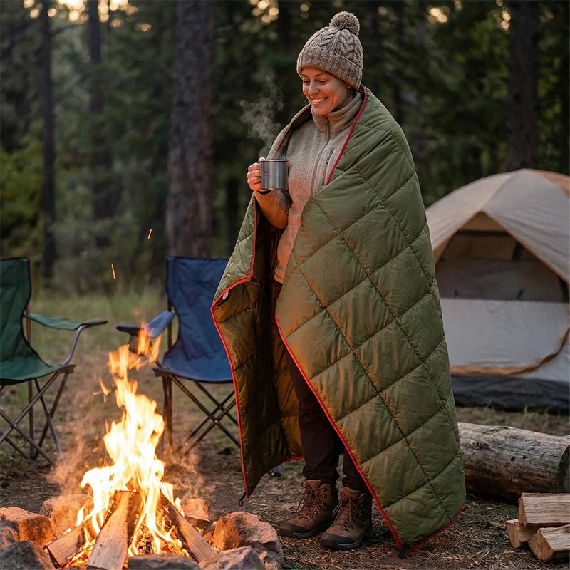 Nomad Pacific Supply Puffy Camp Blanket, lightweight weatherproof trail quilt, shown outdoors in a compact, packable design