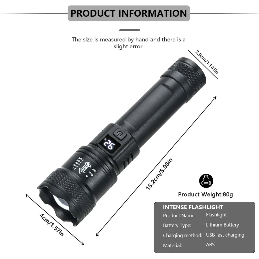 Nomad Tactical Voltagger LED flashlight with XHP50 bulb, rechargeable design, battery display, heavy-duty construction, black body.