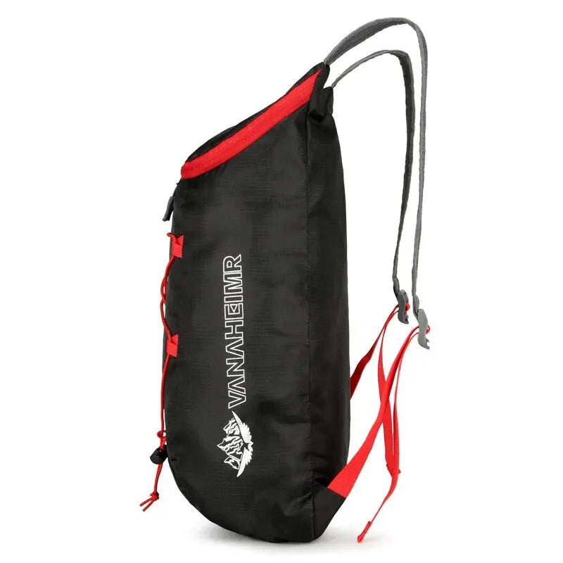 Nomad Pacific Supply PocketPack folding backpack, lightweight 20L waterproof trail daypack, shown folded and partially unfolded.