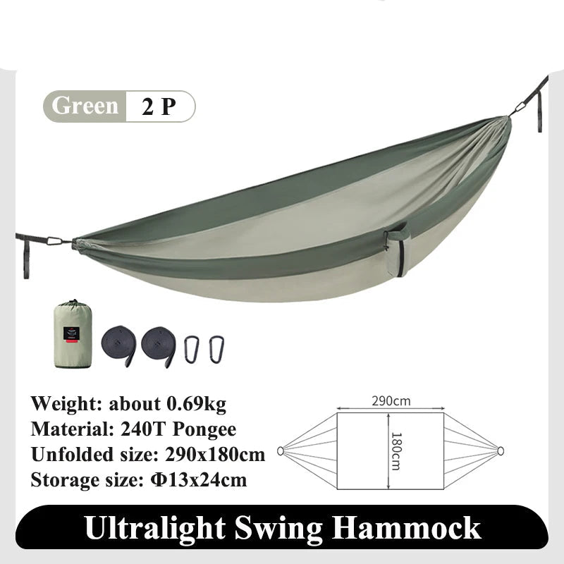 Ultralight Nomad x Naturehike swing hammock by Nomad Pacific Supply, shown hanging outdoors, ideal for portable outdoor sleeping.