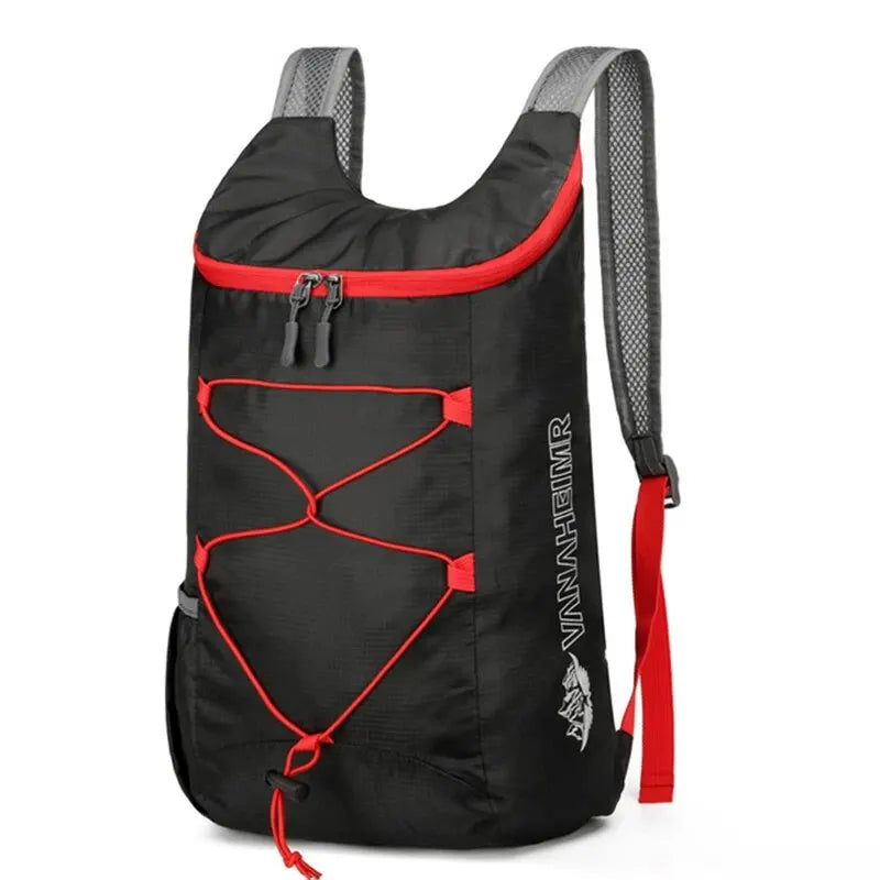 Nomad Pacific Supply Nomad PocketPack folding backpack, waterproof 20L trail daypack, shown folded and partially unfolded