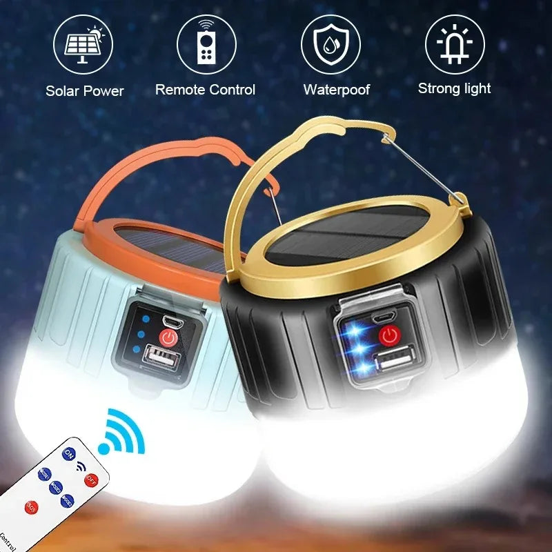 Nomad Beacon ultra-bright rechargeable camping lantern emitting strong light, compact design, and built-in handle for outdoor use.