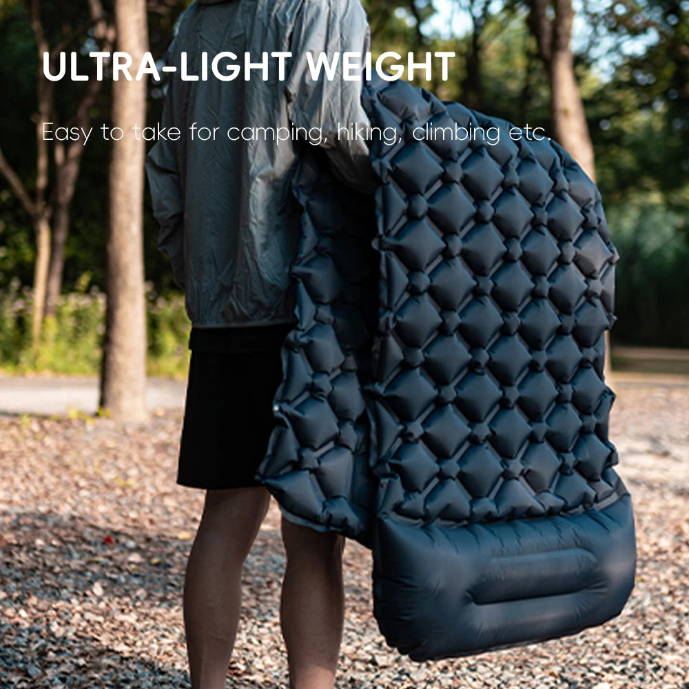 Nomad Pacific Supply TARKA inflatable camping air mattress with pillow, outdoor self-inflating sleeping pad for hiking and climbing.