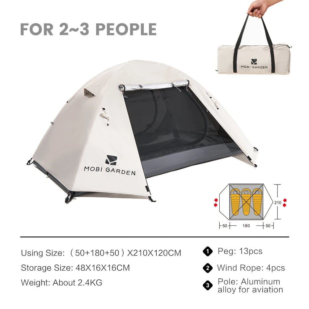 Nomad Pacific Supply MOBI GARDEN waterproof camping backpacking tent set up outdoors with sun protection and silver coating.