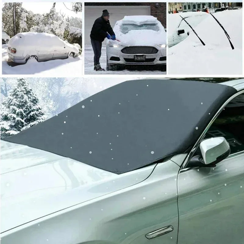 Nomad FrostGuard magnetic windshield cover on a car, protecting against snow, ice, sun, and weather conditions.