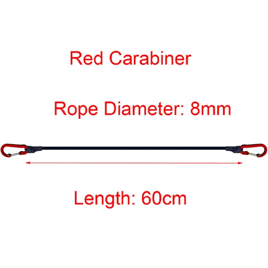 Heavy-duty Nomad Pacific Supply elastic bungee cord with metal carabiners for secure outdoor and cargo fastening.
