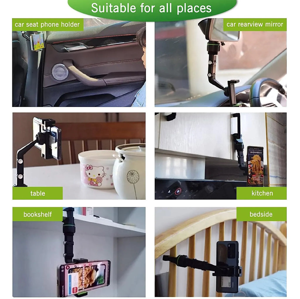 Nomad View 360° Ultra-Flexible Rearview Mirror Phone Mount attached to car mirror, holding smartphone securely.