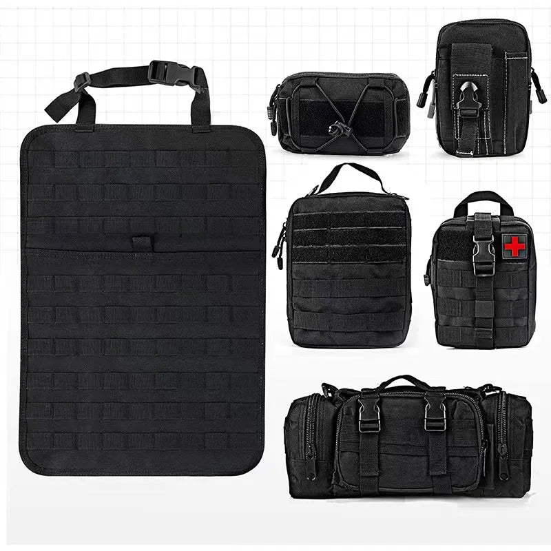 Nomad Pacific Supply Nomad Tactical Car Seat Back Organizer hanging on vehicle seat with multiple storage pockets.