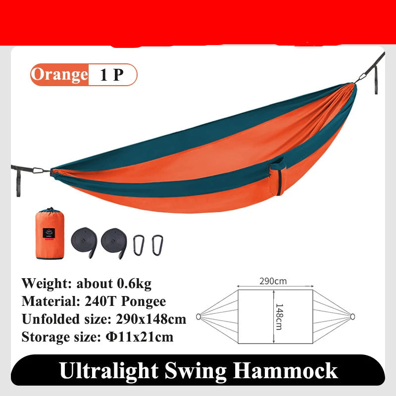 Nomad x Naturehike ultralight portable outdoor swing hammock hanging between trees in a forest setting