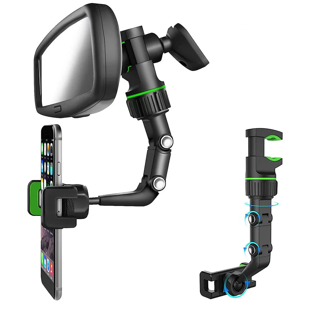 Nomad View 360° flexible rearview mirror phone mount attached to car mirror for easy access and adjustable positioning.