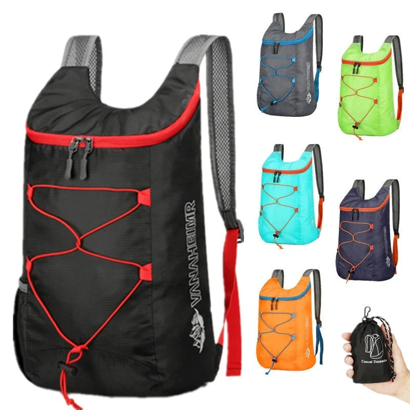 Nomad Pacific Supply PocketPack folding backpack in black, 20L waterproof trail daypack, compact and lightweight for outdoor adventures.