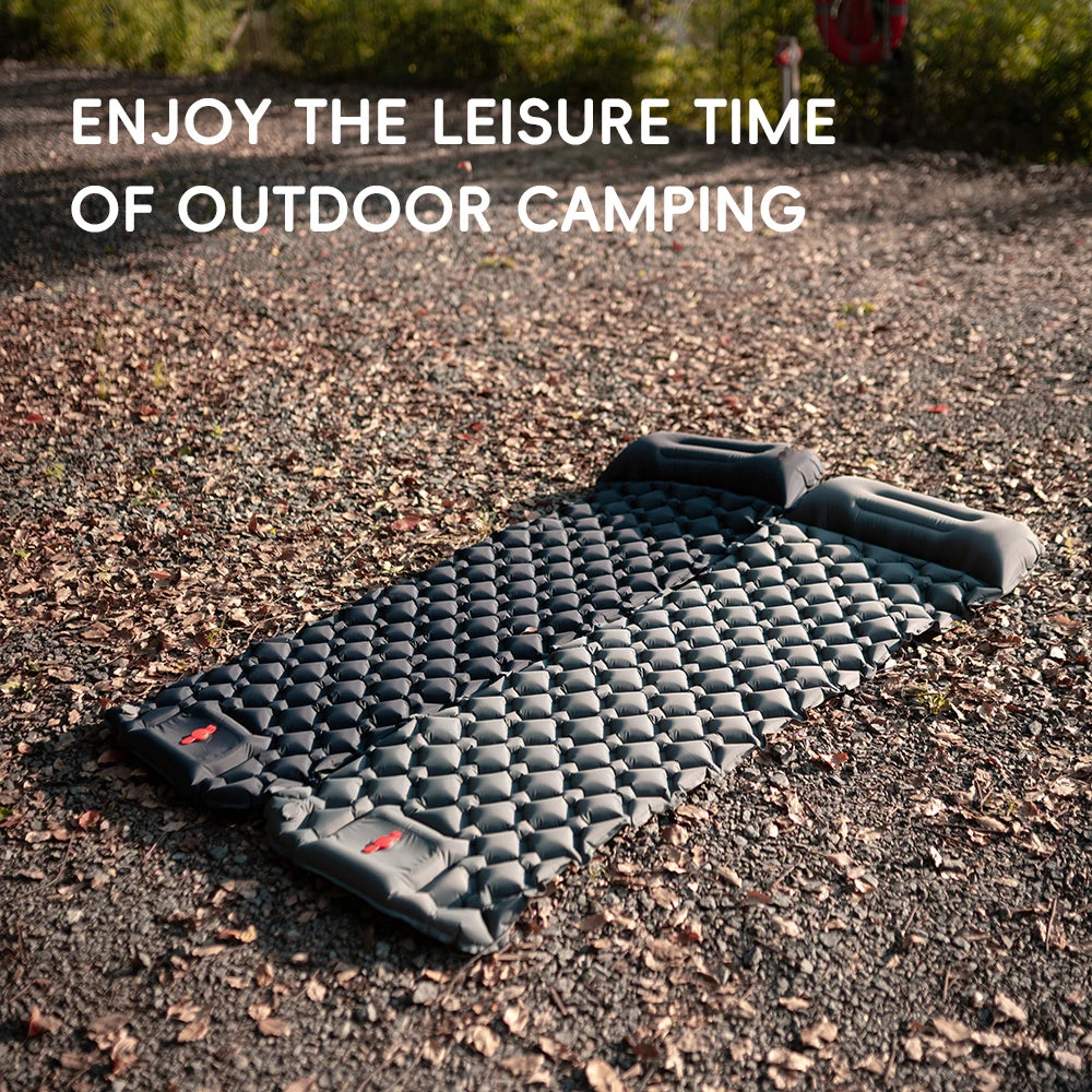 Nomad Pacific Supply TARKA inflatable camping mattress with pillow, air sleeping pad for outdoor hiking and climbing adventures.