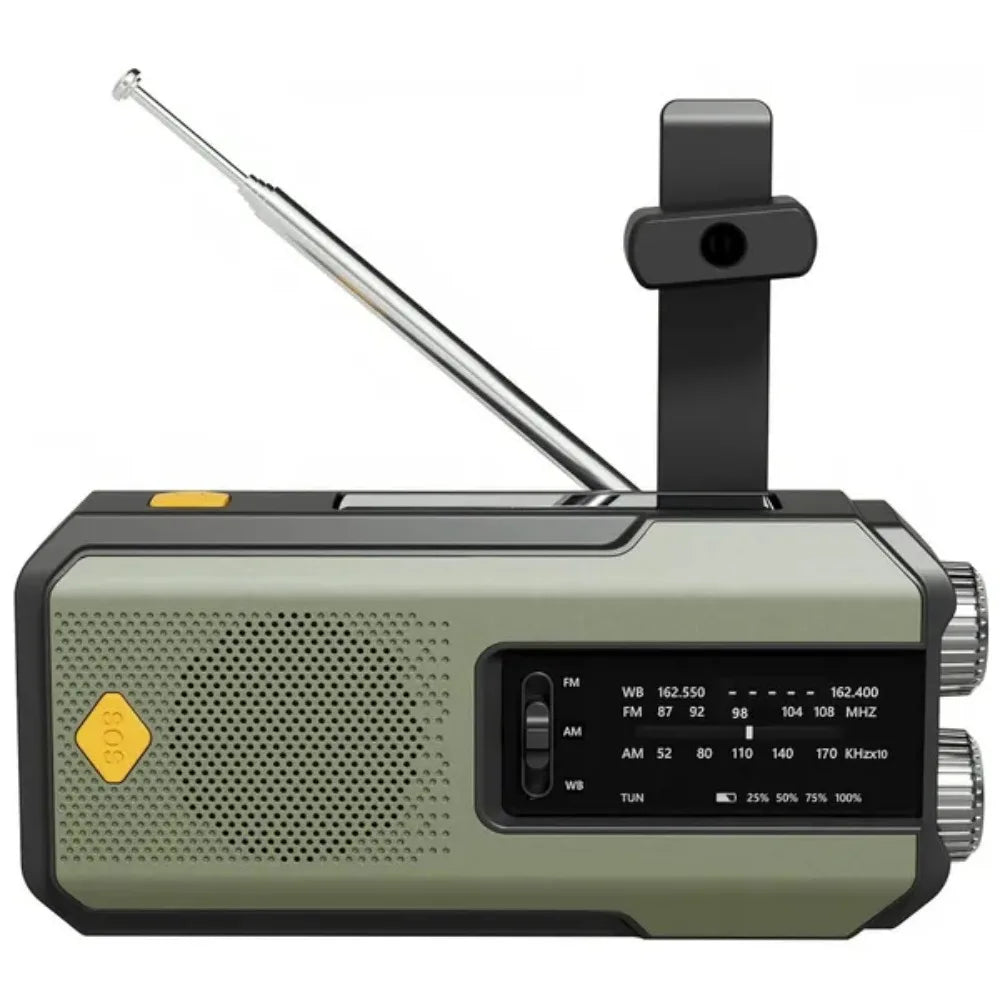 Nomad Pacific Supply multi-functional emergency solar weather radio and power bank with digital display and built-in flashlight.