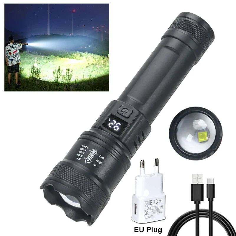 Nomad Tactical Voltagger LED flashlight with XHP50 bulb, rechargeable design, battery display, heavy-duty construction, black handheld torch