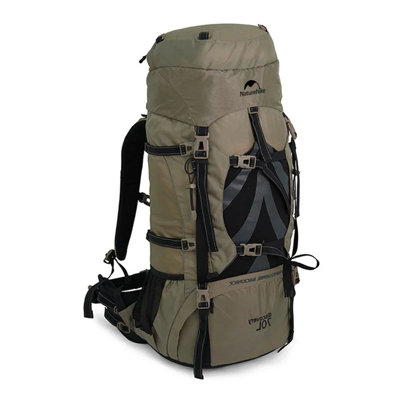 Naturehike 70L camping backpack with rain cover, ergonomic design, large capacity hiking bag for outdoor travel and trekking.