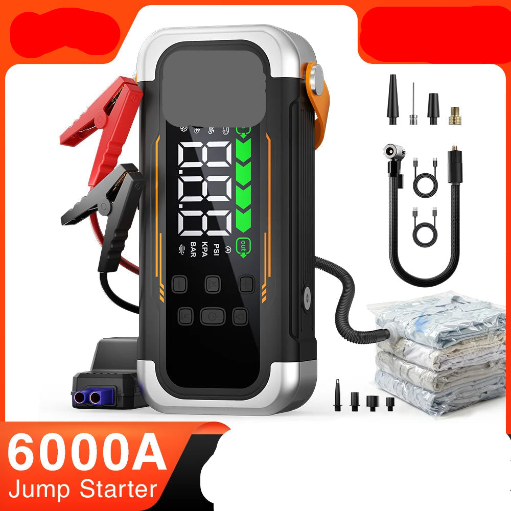 Nomad 5-in-1 Expedition jump starter and air compressor with digital display, cables, and power buttons, in black and red.
