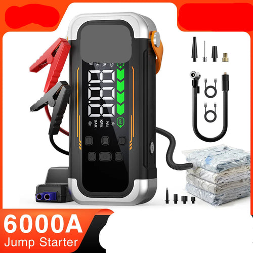 Nomad 5-in-1 Expedition jump starter and air compressor with digital display, cables, and power buttons, in black and red.