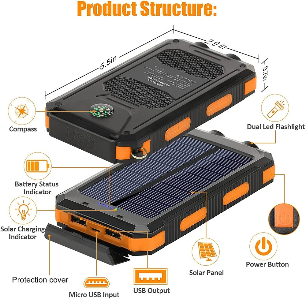 Nomad Pacific Supply solar power bank with 80000mAh capacity, portable external battery charger, LED light, compatible with smartphones.
