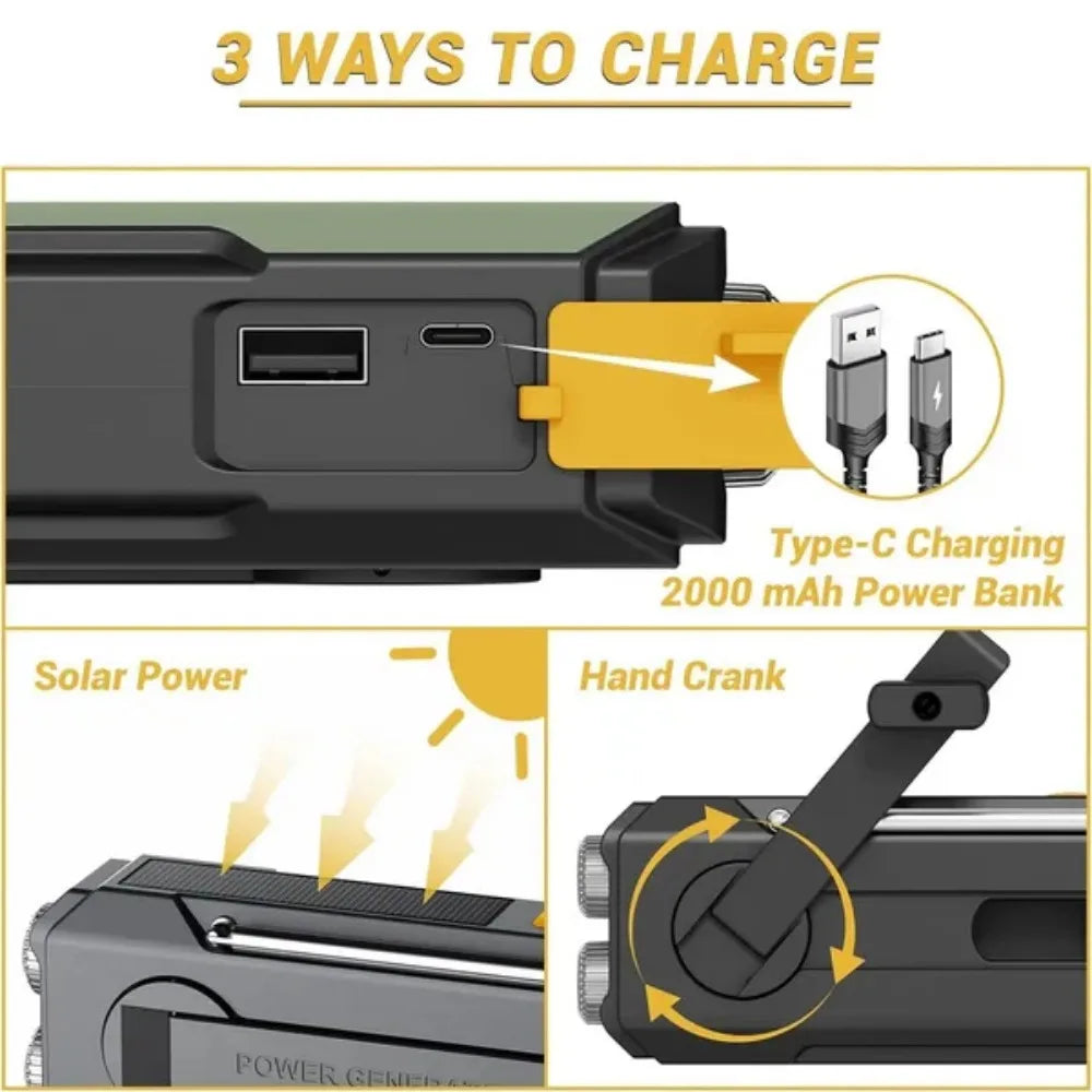 Nomad Pacific Supply multi-functional emergency solar weather radio and power bank with solar panel, buttons, and digital display.