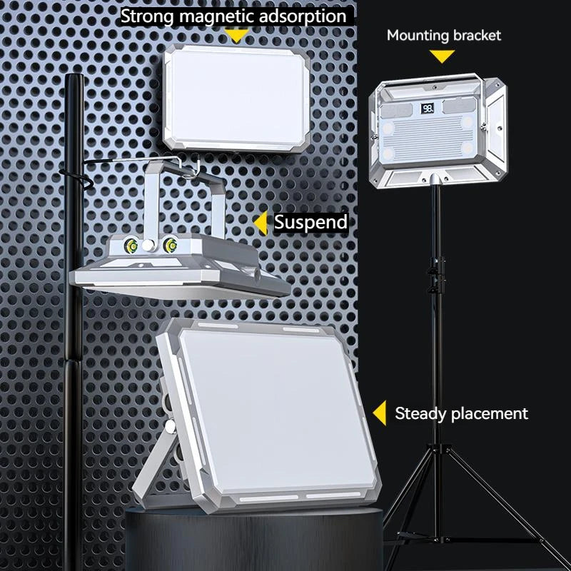 Nomad Searching Pro high-power magnetic camping lantern emitting bright white light, compact and durable outdoor gear.