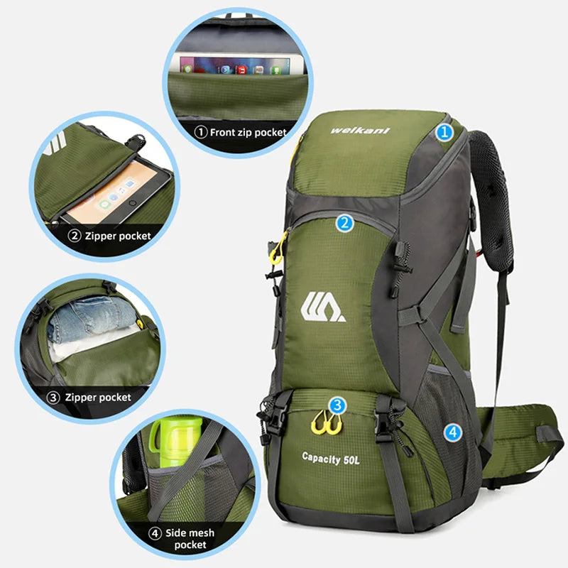 Nomad TrailBlaizer 50L hiking backpack with multiple waterproof pockets and heavy-duty design, ideal for trekking and outdoor adventures.