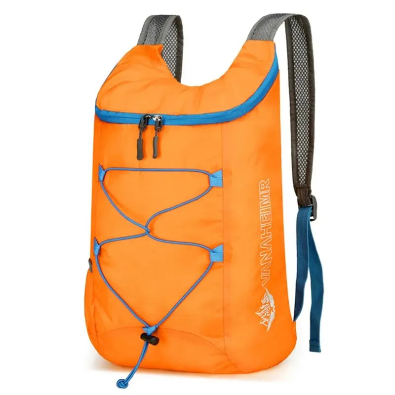 Nomad Pacific Supply PocketPack ultra-lightweight foldable backpack, 20L waterproof trail daypack shown folded and partially unfolded