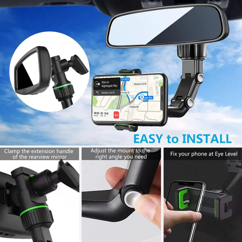 Nomad View 360° ultra-flexible rearview mirror phone mount attached to a vehicle mirror for hands-free device use