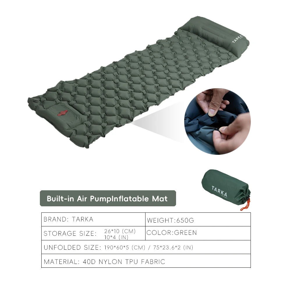 Nomad Pacific Supply TARKA inflatable camping mattress with pillow, self-inflating outdoor sleeping pad for hiking and climbing adventures.