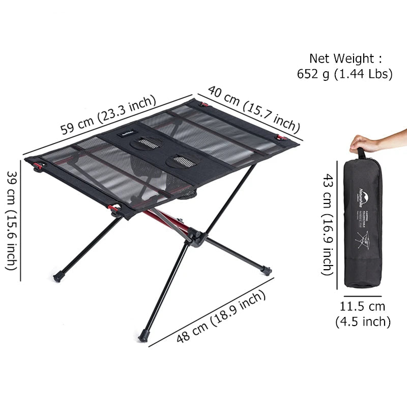 Nomad x Naturehike ultralight folding camping table with mesh surface, portable and compact for outdoor camping and picnics.