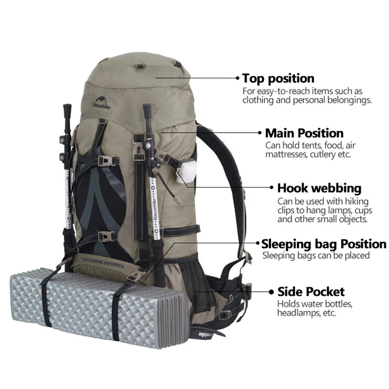 Naturehike 70L ergonomic camping backpack with rain cover, large capacity hiking bag for men, outdoor travel, trekking gear