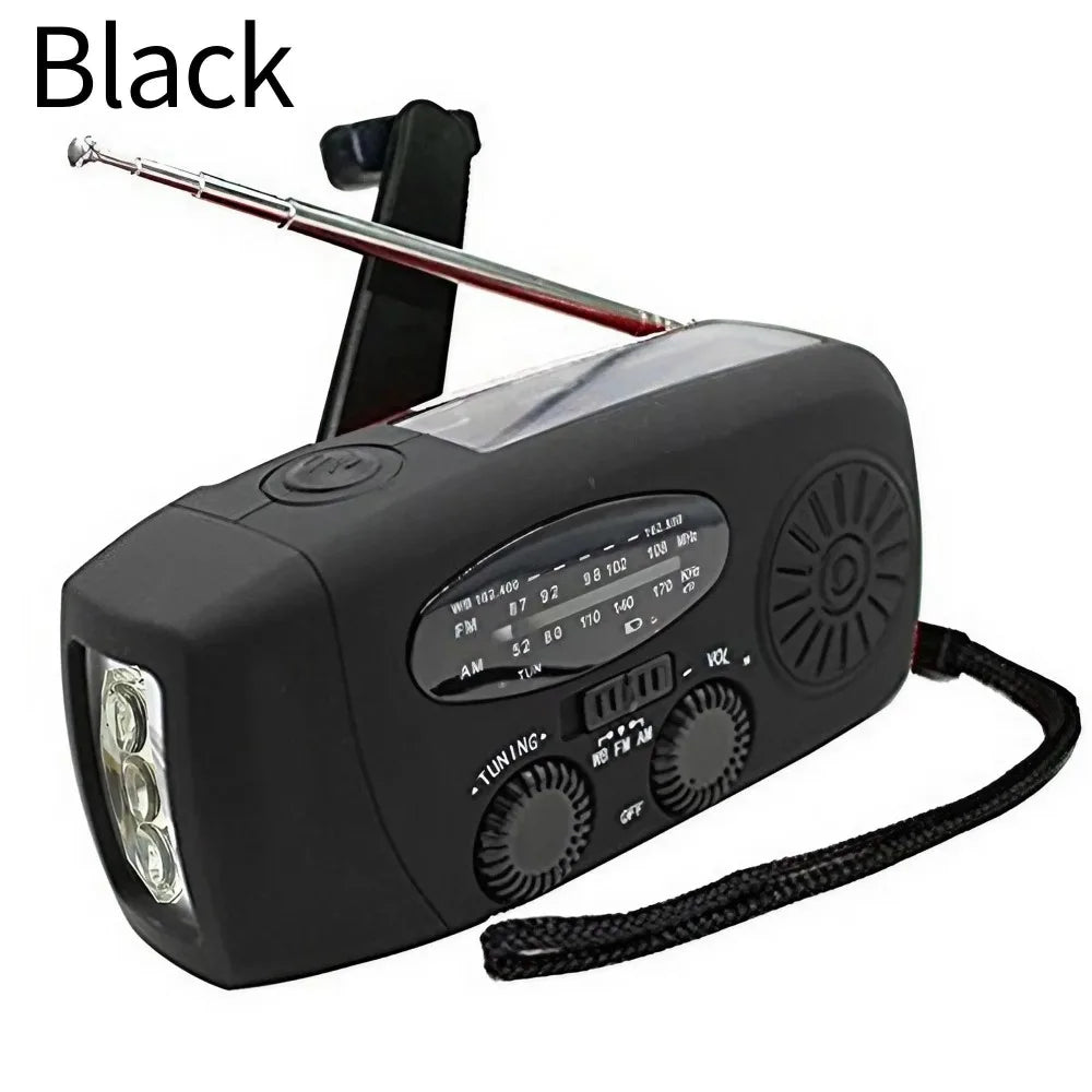 Nomad Pacific Supply multi-functional emergency solar weather radio and power bank with digital display and compact design.