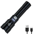Nomad Tactical Voltagger LED flashlight with XHP50 bulb, rechargeable torch, heavy-duty design, and battery display in use.