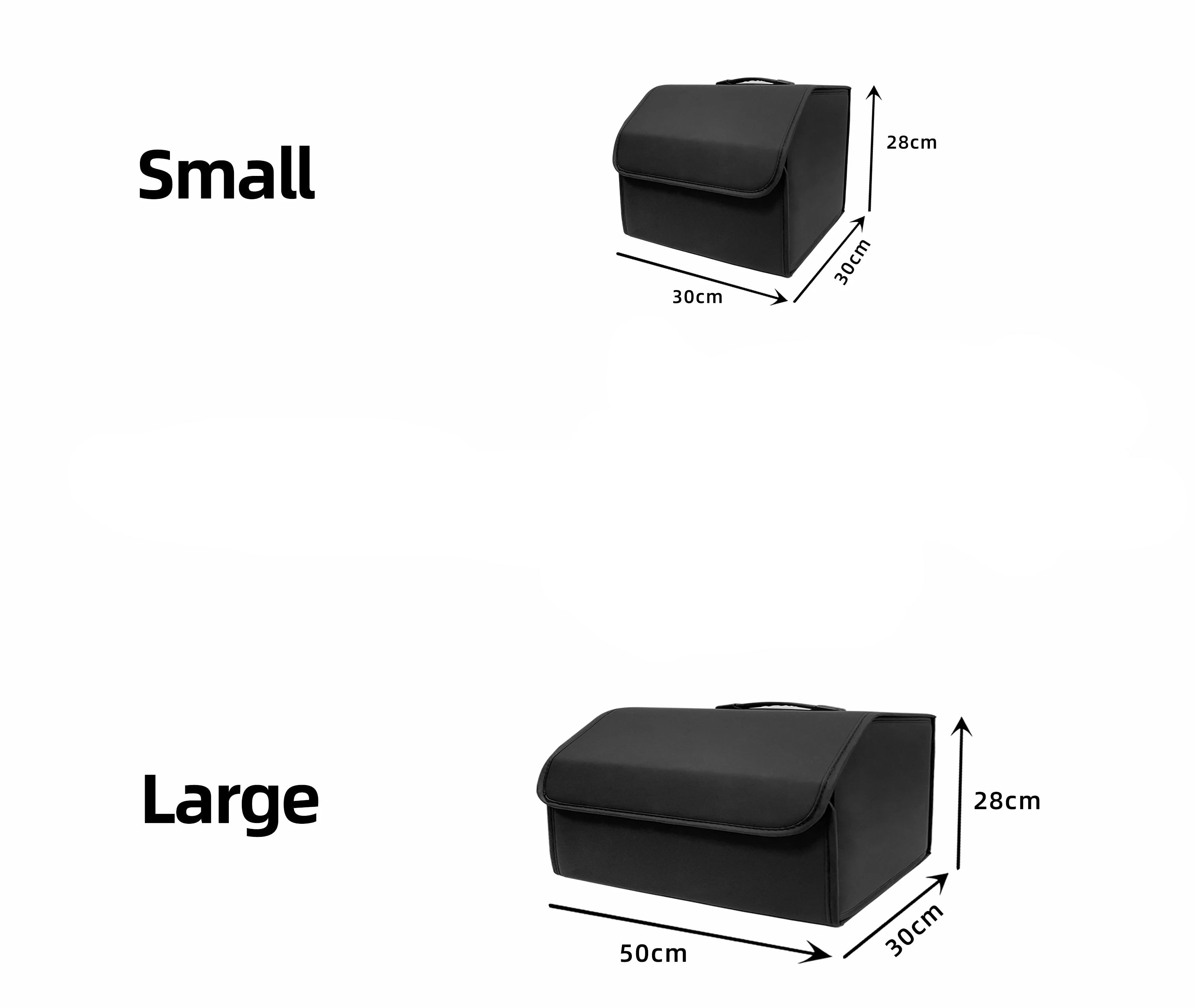Black bags with measurements labeled 'Small' and 'Large' on a white background