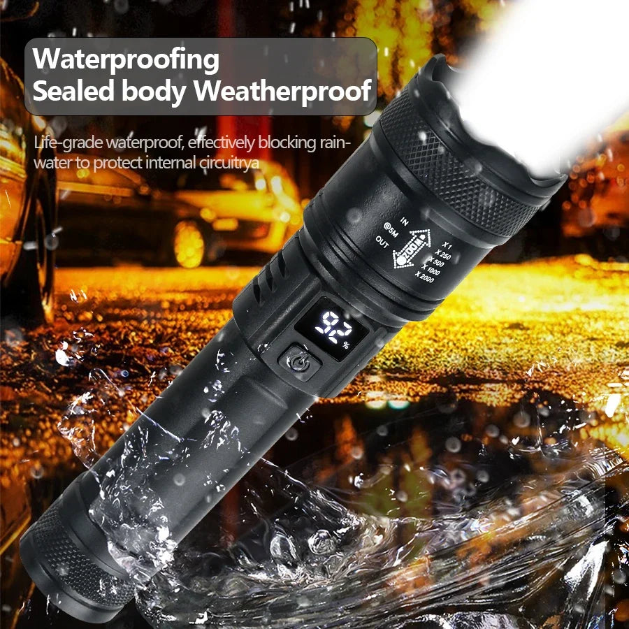Nomad Tactical Voltagger LED flashlight with XHP50 bulb, rechargeable torch, heavy-duty design, and battery display in black body