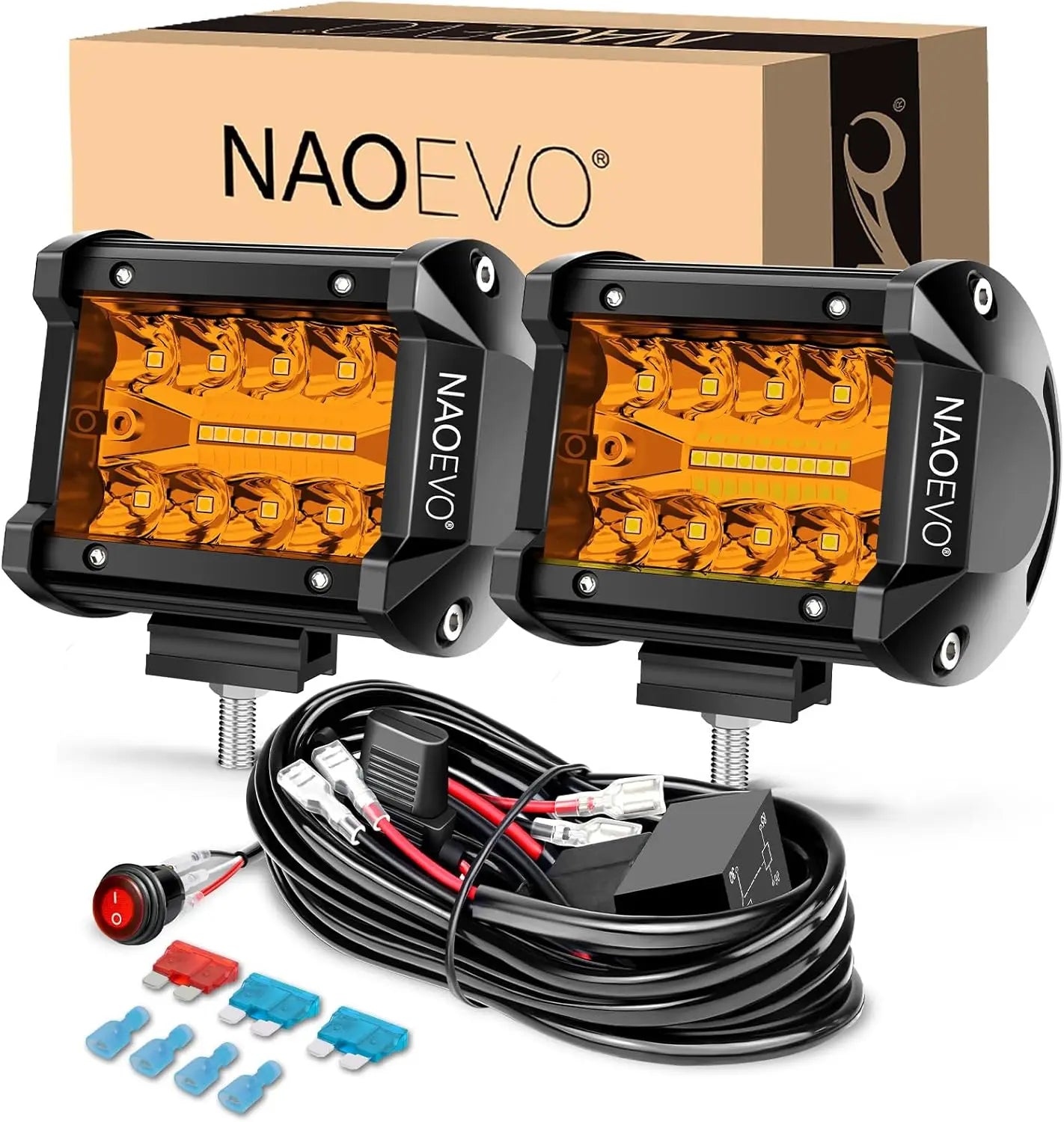 Pair of Nomad Pacific Supply Terra Pods 4-inch LED off-road lights mounted on a vehicle for enhanced visibility.