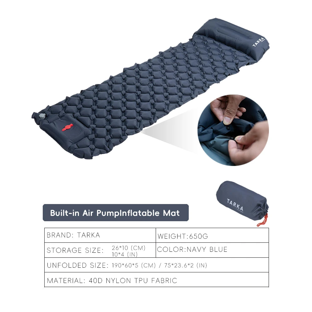 Nomad Pacific Supply TARKA inflatable camping mattress with pillow, self-inflating outdoor sleeping pad for hiking and climbing adventures.