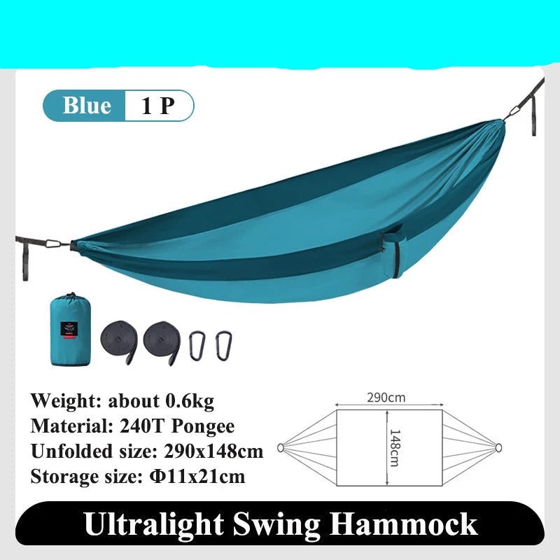 Nomad x Naturehike ultralight portable swing hammock outdoors, shown hanging between trees with a compact design for camping or hiking.