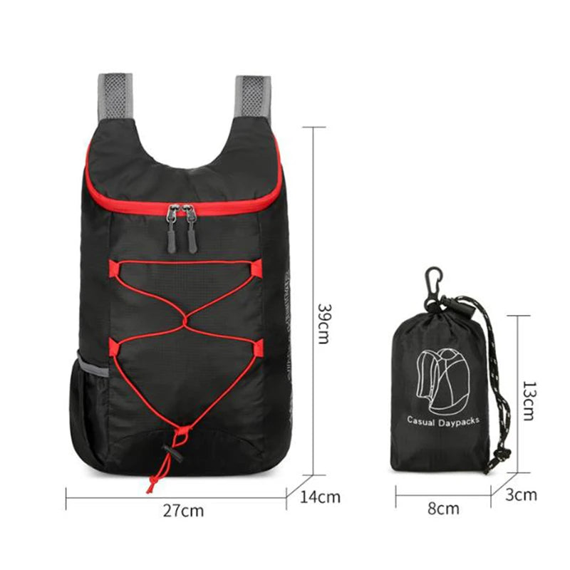 Nomad Pacific Supply Nomad PocketPack folding backpack, lightweight 20L waterproof trail daypack, shown folded and partially opened.
