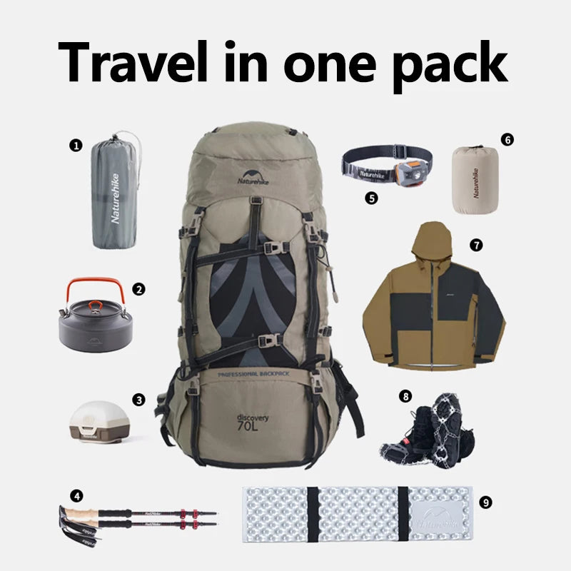 Naturehike 70L camping backpack by Nomad Pacific Supply, large capacity hiking bag with rain cover for outdoor travel and trekking.