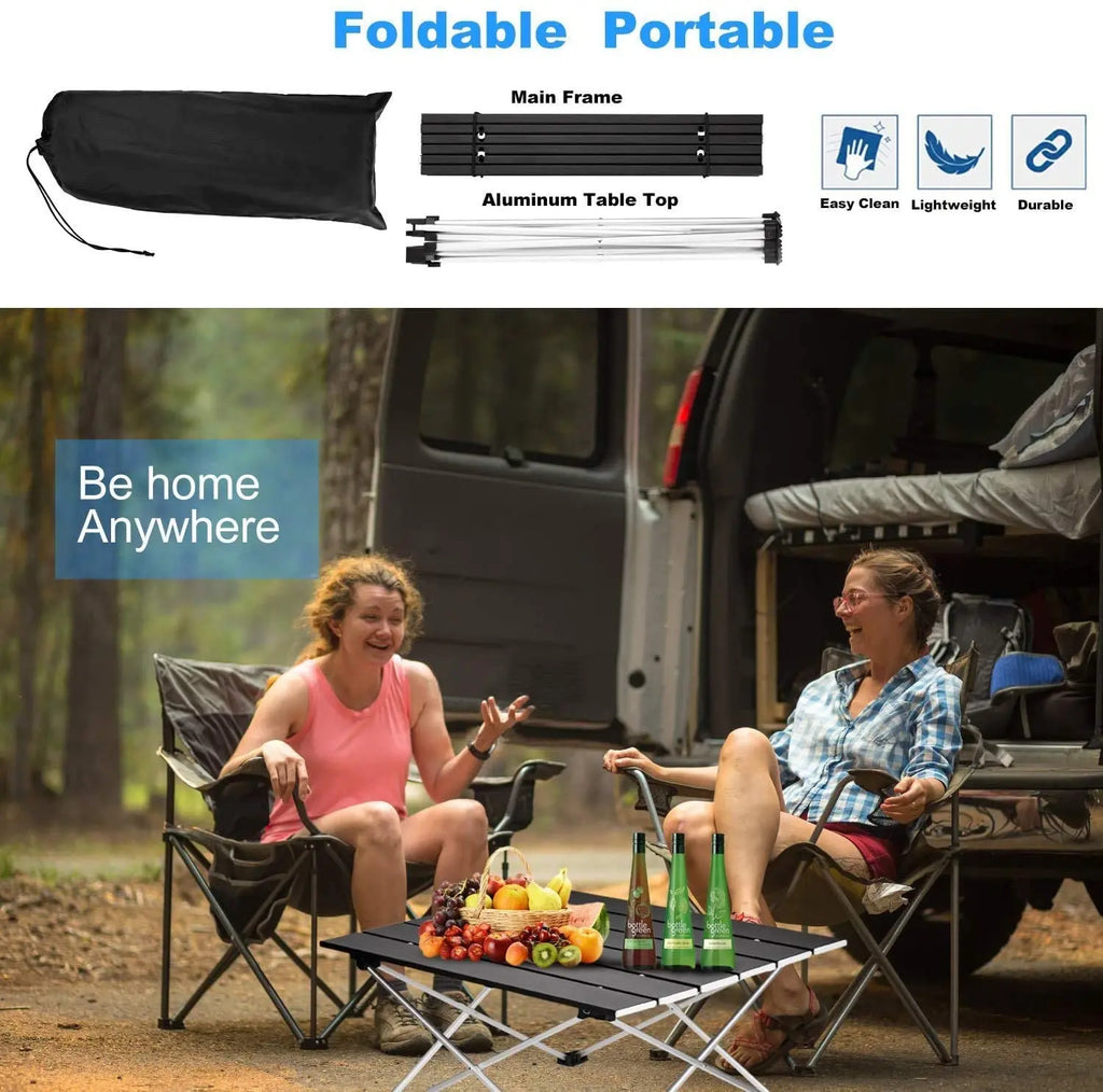 Nomad Pacific Supply ultralight aluminum folding camping table with roll-up design, portable dinner desk for outdoor camping.