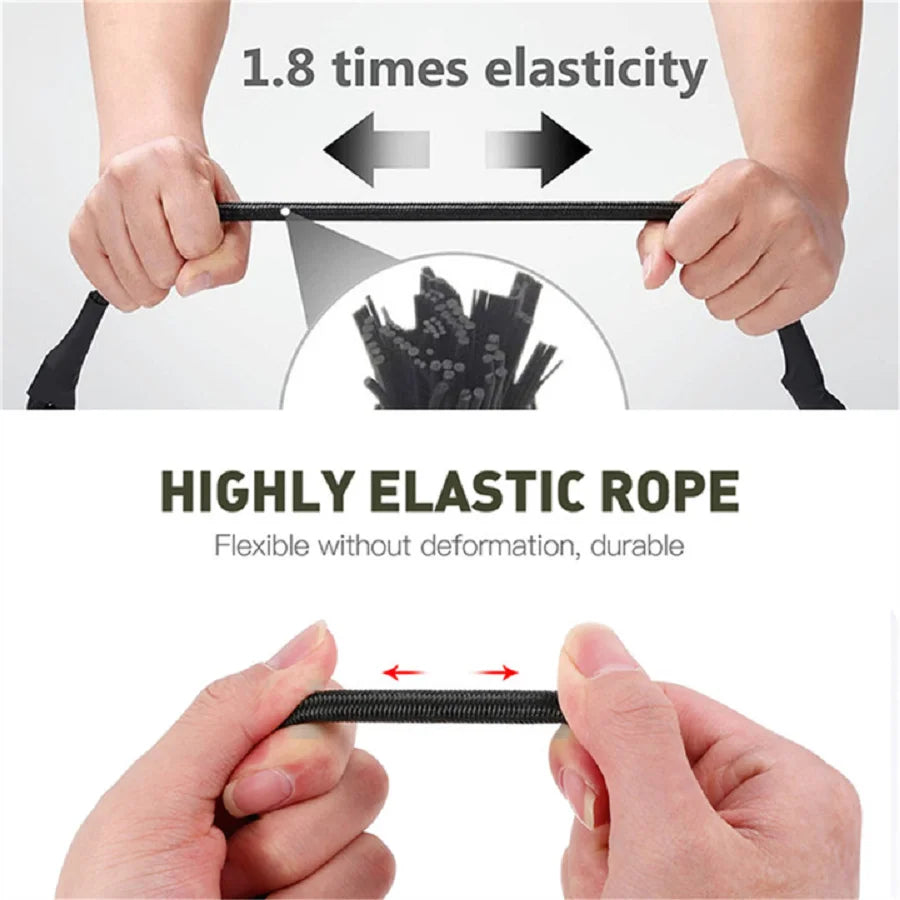 Heavy-duty Nomad Pacific Supply elastic bungee cord with metal carabiners for secure stretching and tying applications.